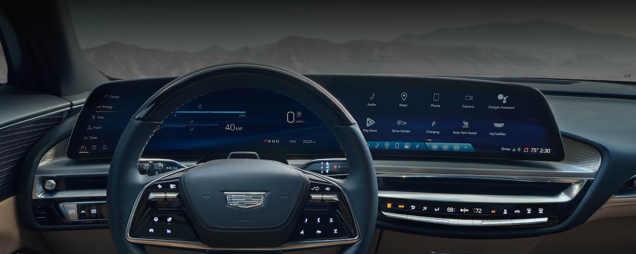 Close-up of the 2025 Cadillac LYRIQ Steering Wheel and 33" Diagonal Advanced LED Display