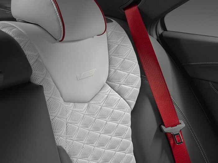 Close-up of the Race-inspired CT4-V Back Seat Interior and Red Seatbelt