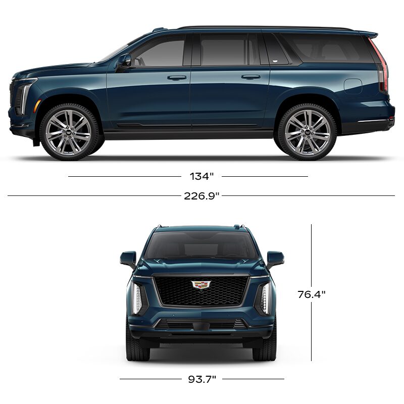 A Side View and Front Profile View of the Blue Escalade with the Dimensions Displayed