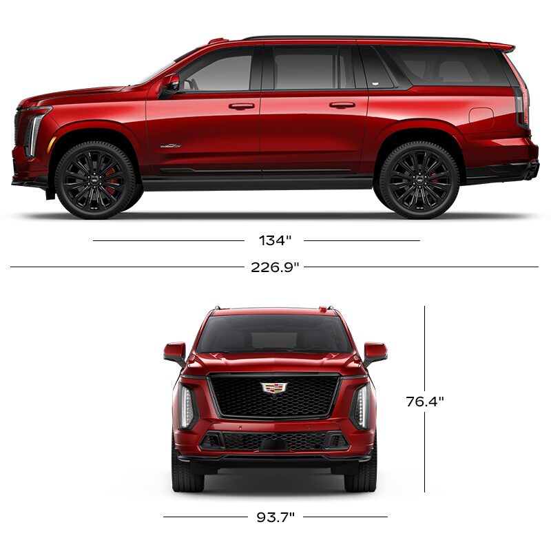 A Side View and Front Profile View of the Blue Escalade ESV with the Dimensions Displayed